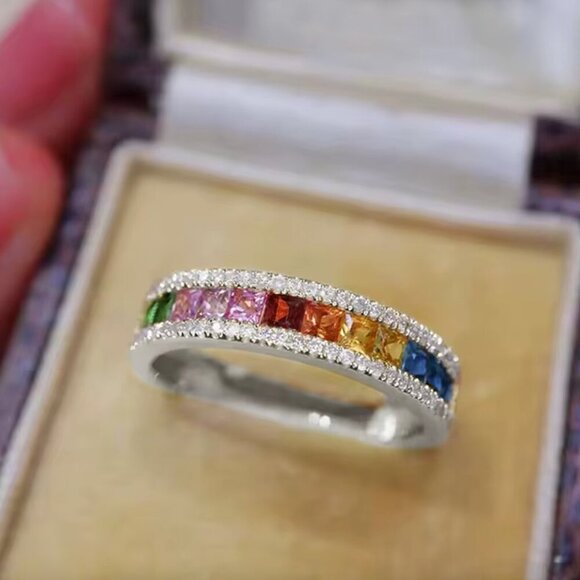 14k White Gold Diamond Rainbow Gemstones Diamond Ring Band - Picture 1 of 4